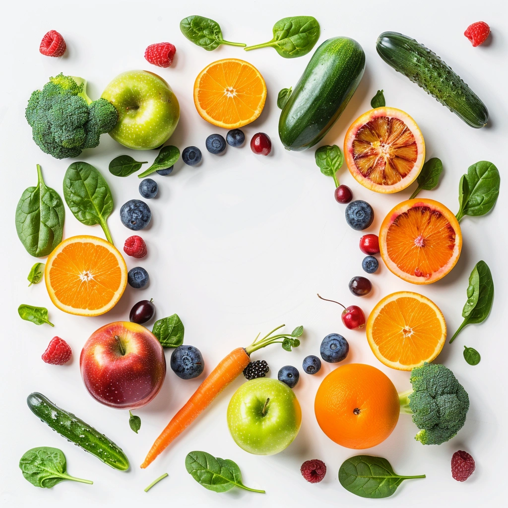 Кругова композиція з фруктів та овочів для здорового харчування
