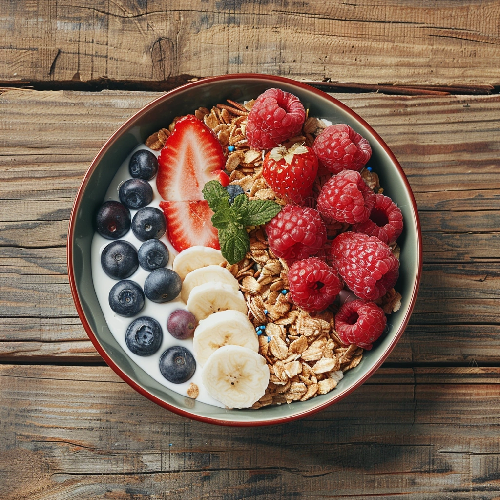 Корисний сніданок з мюслі, йогуртом та ягодами