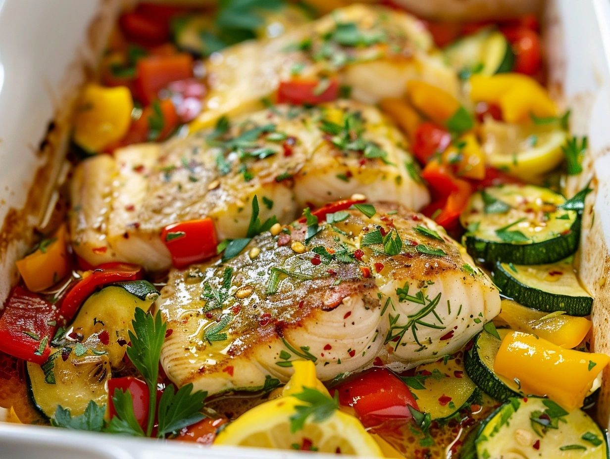 Запечена риба з овочами та зеленню