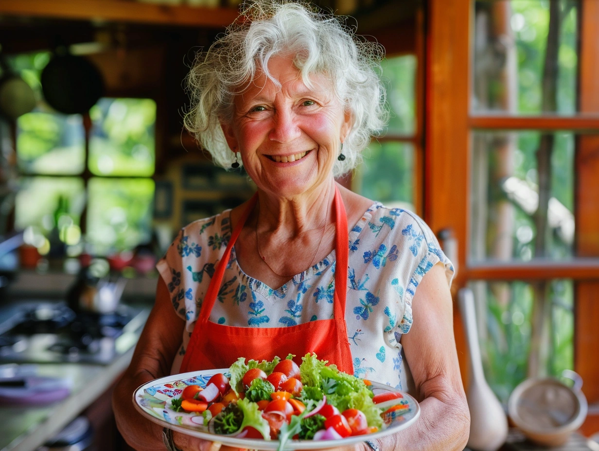 Жінка пенсійного віку посміхається, тримаючи у руках тарілку зі здоровою їжею