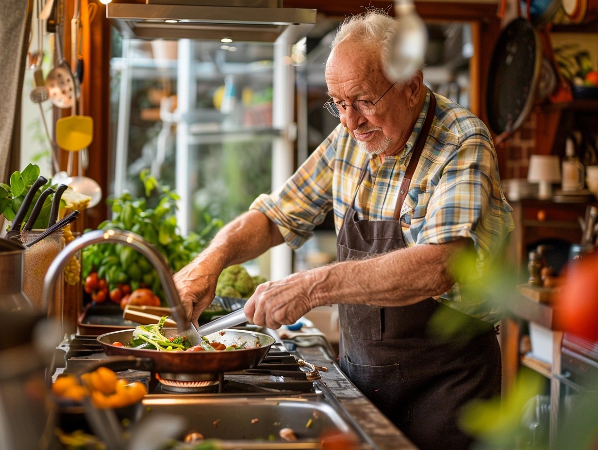 Літній чоловік, який готує здорову їжу на кухні